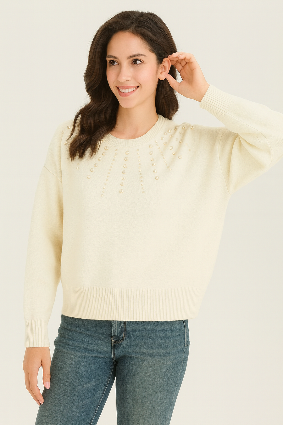 HEAVY KNIT JUMPER WITH DECORATIVE MATCHING COLOUR PEARLS