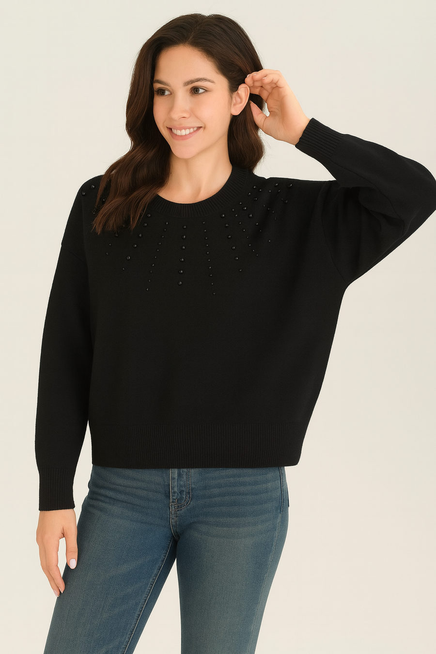 HEAVY KNIT JUMPER WITH DECORATIVE MATCHING COLOUR PEARLS