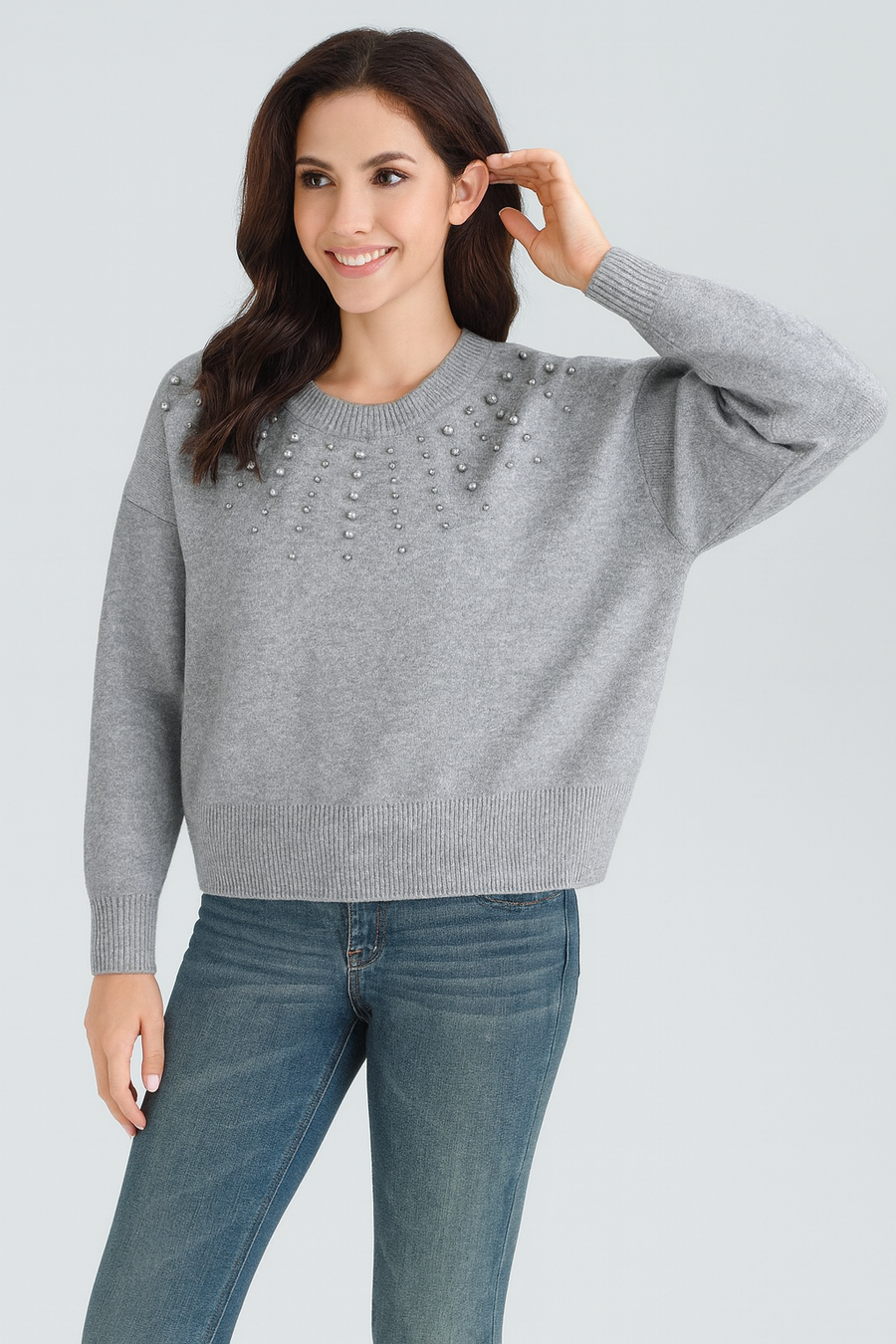 HEAVY KNIT JUMPER WITH DECORATIVE MATCHING COLOUR PEARLS