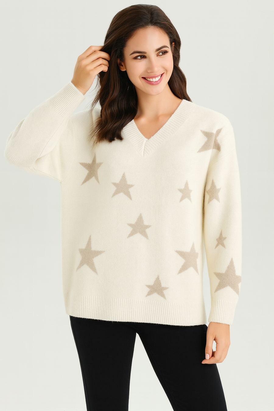 CHUNKY KNIT V NECK JUMPER WITH STAR DESIGN