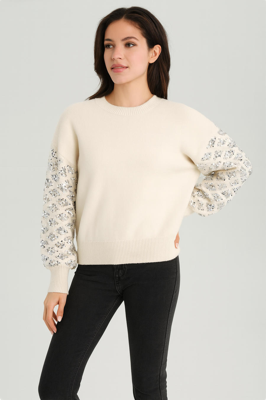 KNITTED JUMPER WITH SEQUIN EMBELLISHED PUFFY SLEEVES