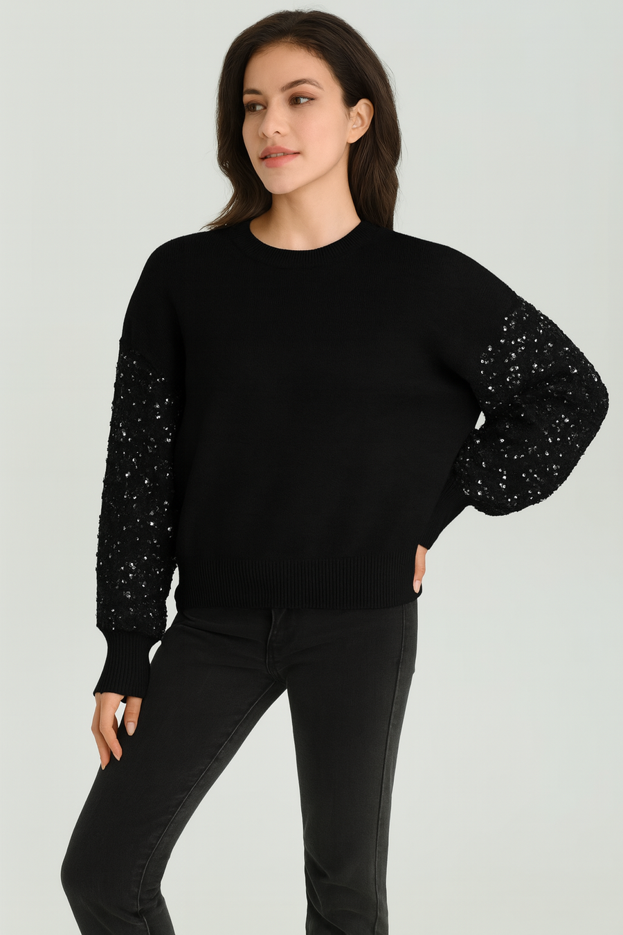 KNITTED JUMPER WITH SEQUIN EMBELLISHED PUFFY SLEEVES
