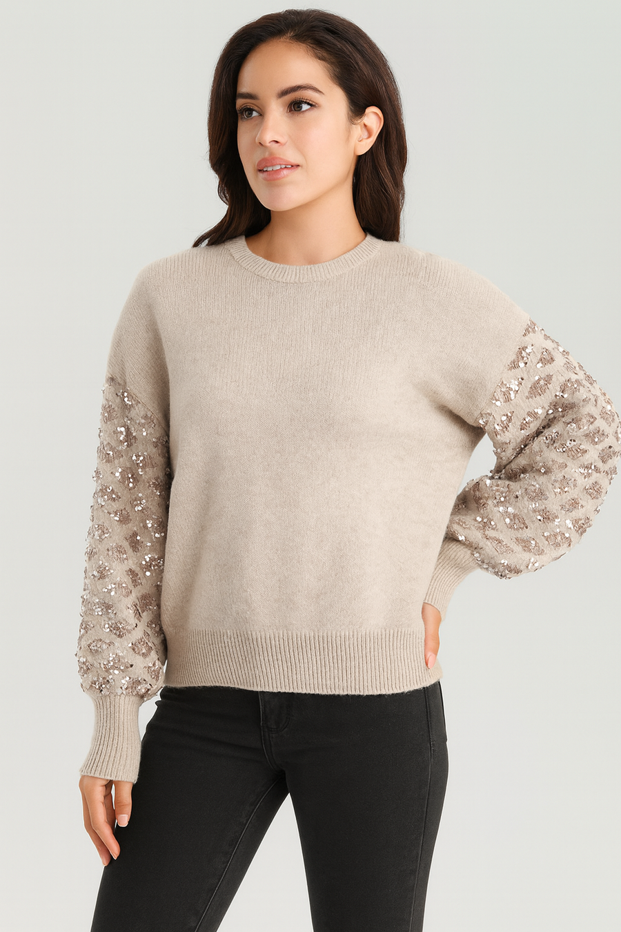 KNITTED JUMPER WITH SEQUIN EMBELLISHED PUFFY SLEEVES