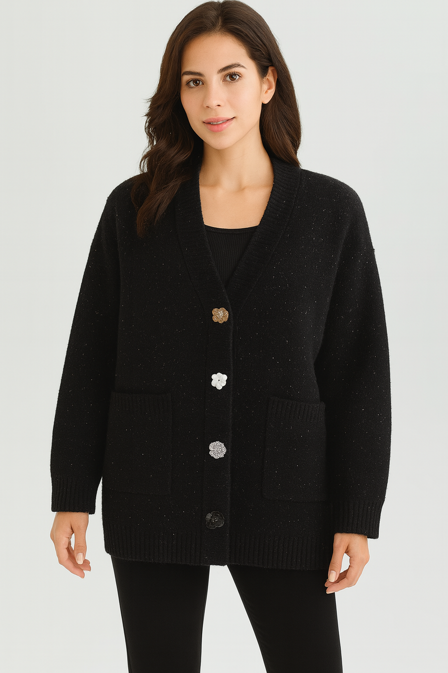 CHUNKY PREMIUM QUALITY KNIT CARDIGAN WITH FLORAL BUTTONS
