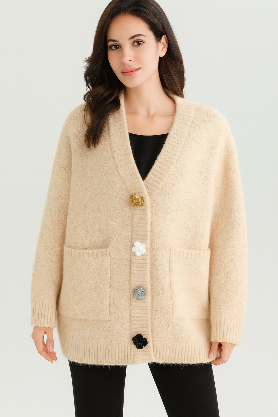 CHUNKY PREMIUM QUALITY KNIT CARDIGAN WITH FLORAL BUTTONS