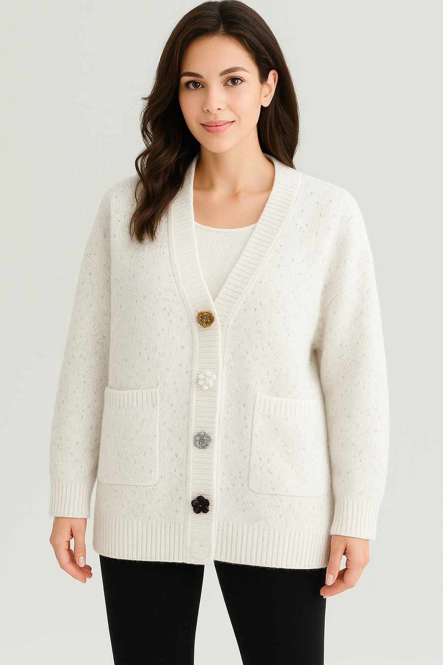 CHUNKY PREMIUM QUALITY KNIT CARDIGAN WITH FLORAL BUTTONS