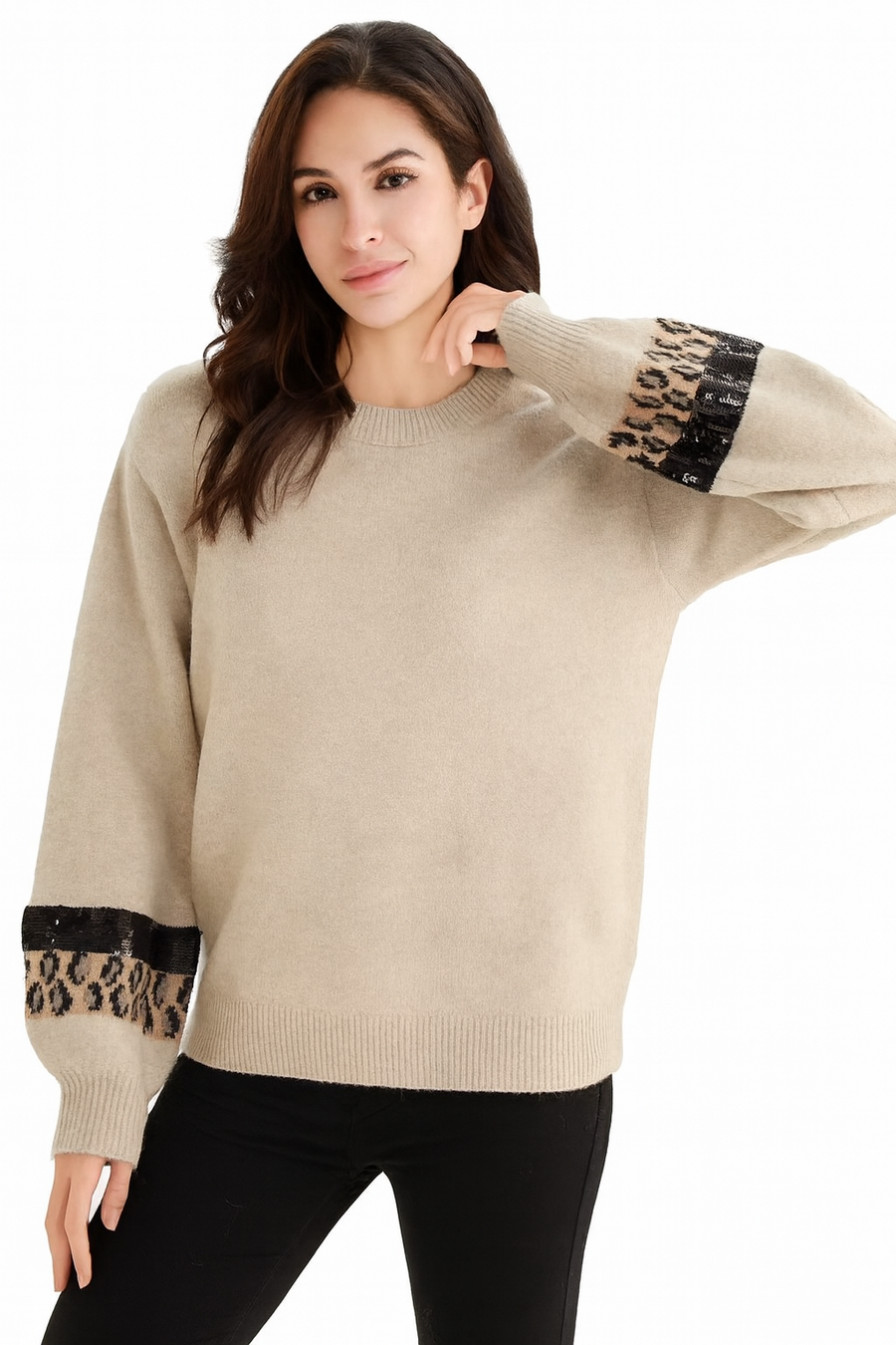 WOOL BLEND CHUNKY KNIT JUMPER WITH LEOPARD AND SEQUIN DESIGN ON SLEEVE CUFFS