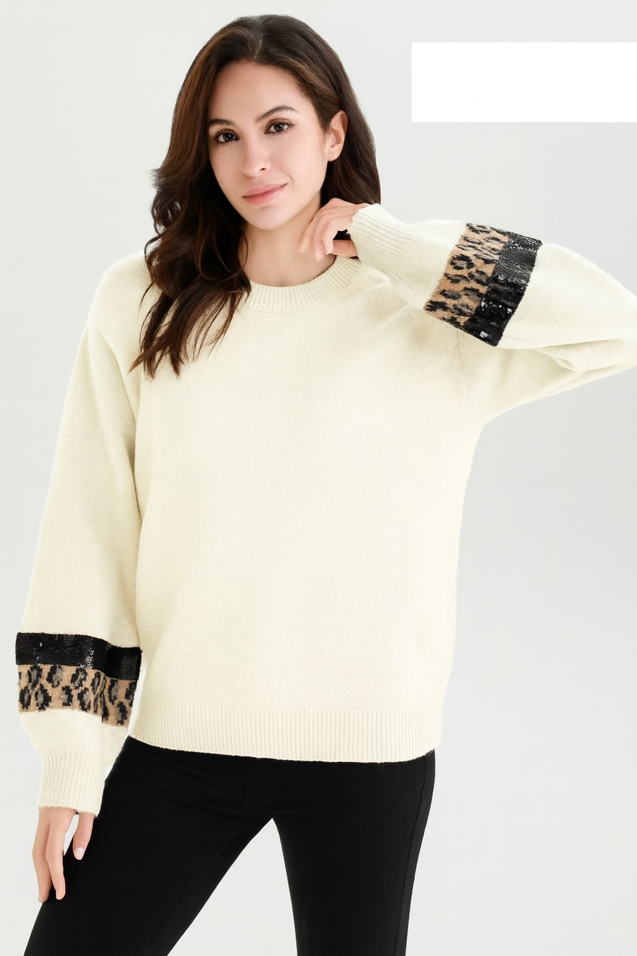 WOOL BLEND CHUNKY KNIT JUMPER WITH LEOPARD AND SEQUIN DESIGN ON SLEEVE CUFFS