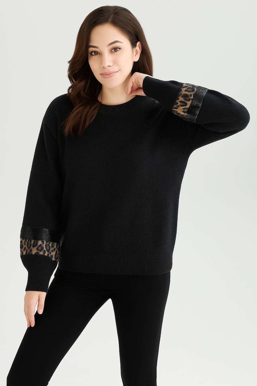WOOL BLEND CHUNKY KNIT JUMPER WITH LEOPARD AND SEQUIN DESIGN ON SLEEVE CUFFS