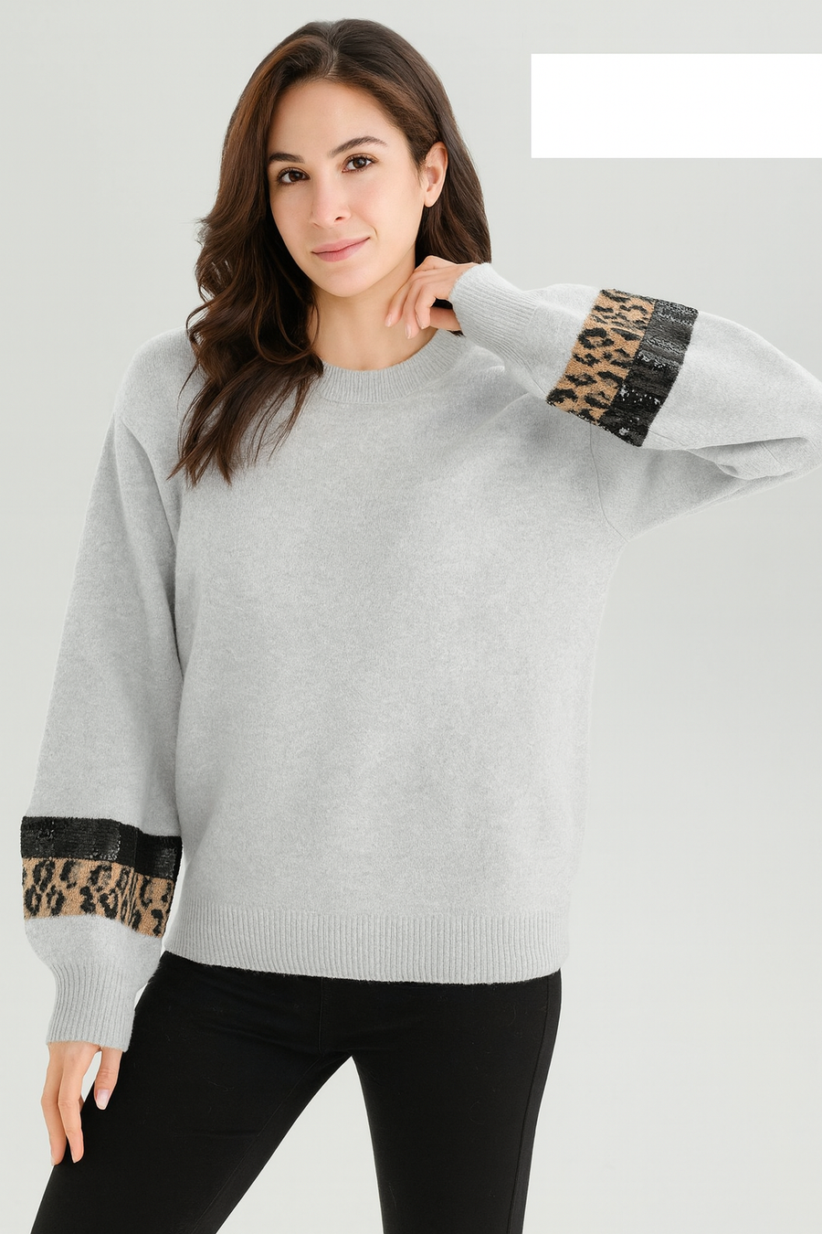 WOOL BLEND CHUNKY KNIT JUMPER WITH LEOPARD AND SEQUIN DESIGN ON SLEEVE CUFFS