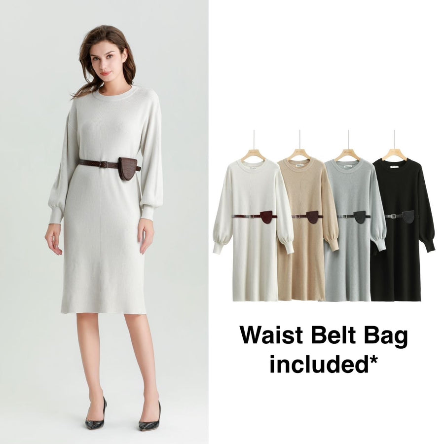 Ribbed Knit Dress With Balloon Sleeves And Waist Belt Bag Included