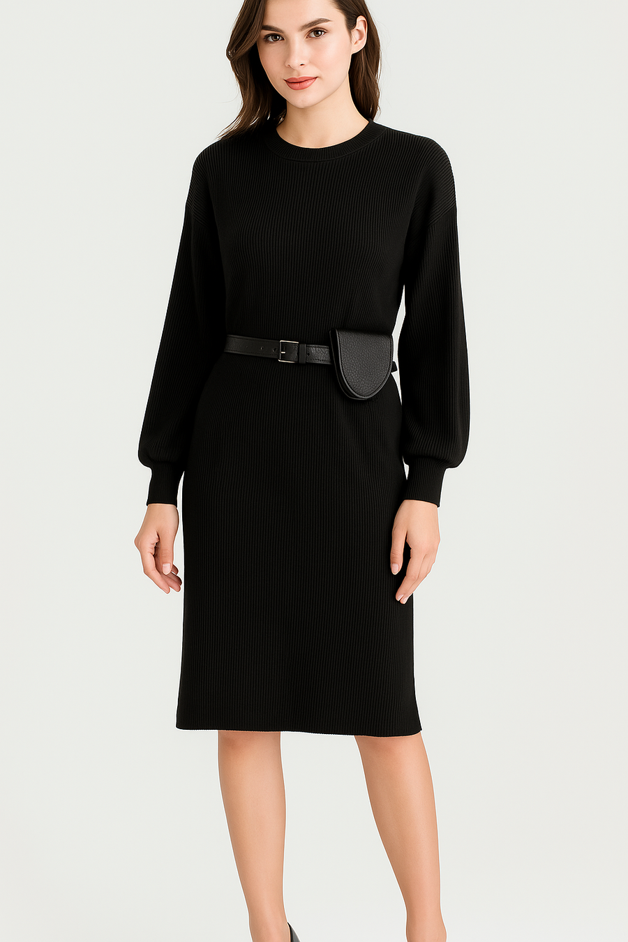 Ribbed Knit Dress With Balloon Sleeves And Waist Belt Bag Included