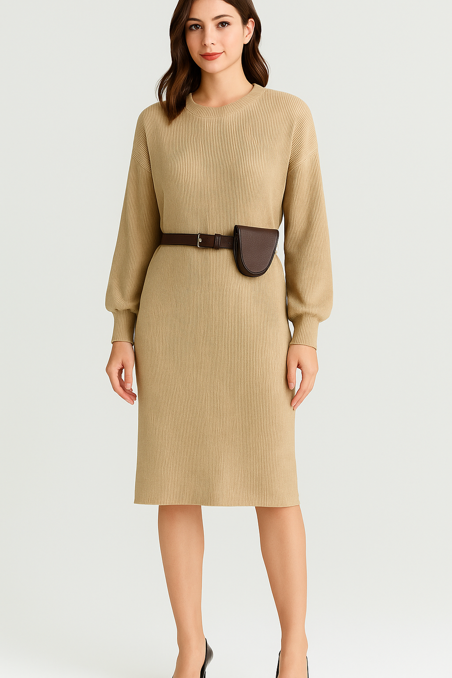 Ribbed Knit Dress With Balloon Sleeves And Waist Belt Bag Included