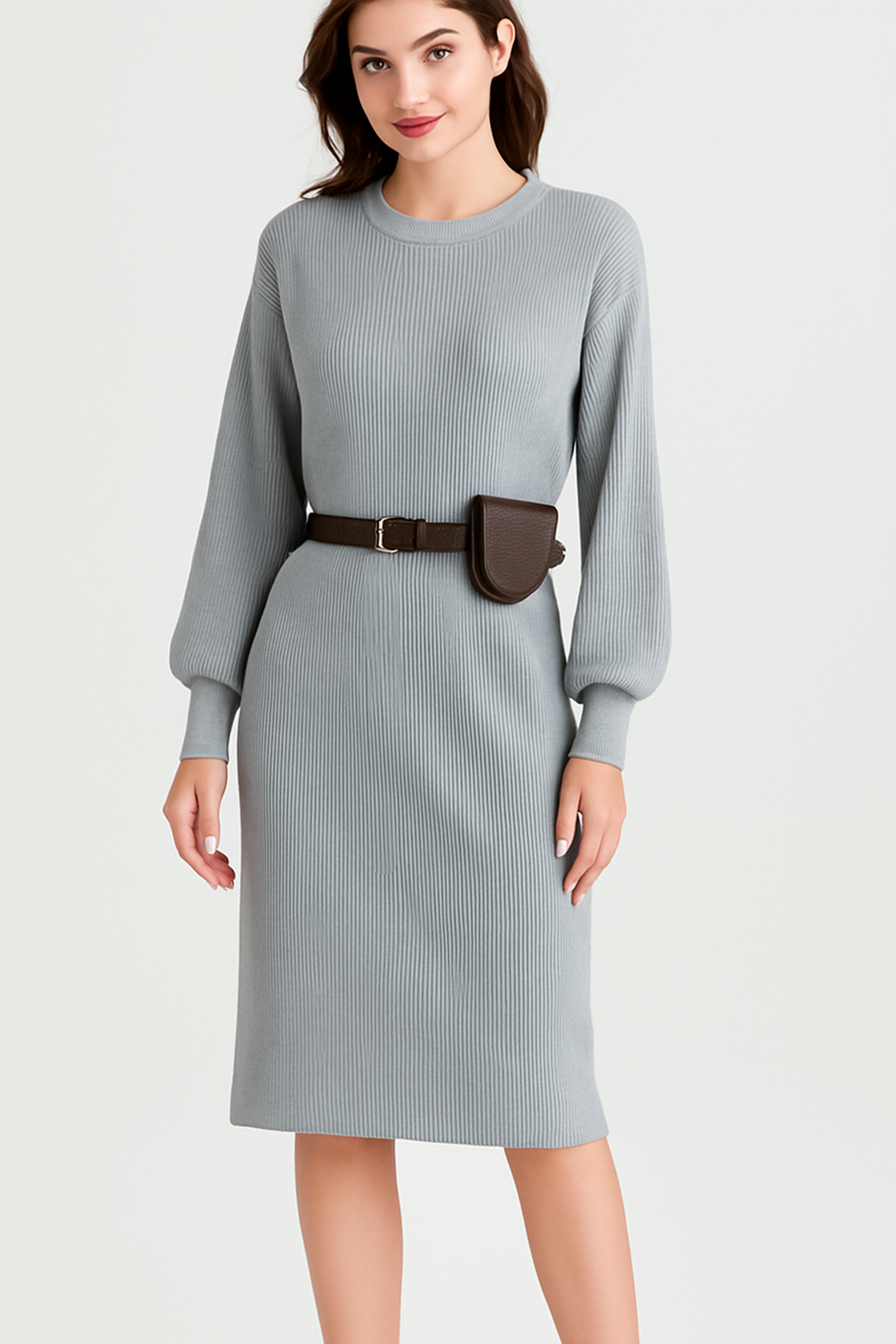 Ribbed Knit Dress With Balloon Sleeves And Waist Belt Bag Included