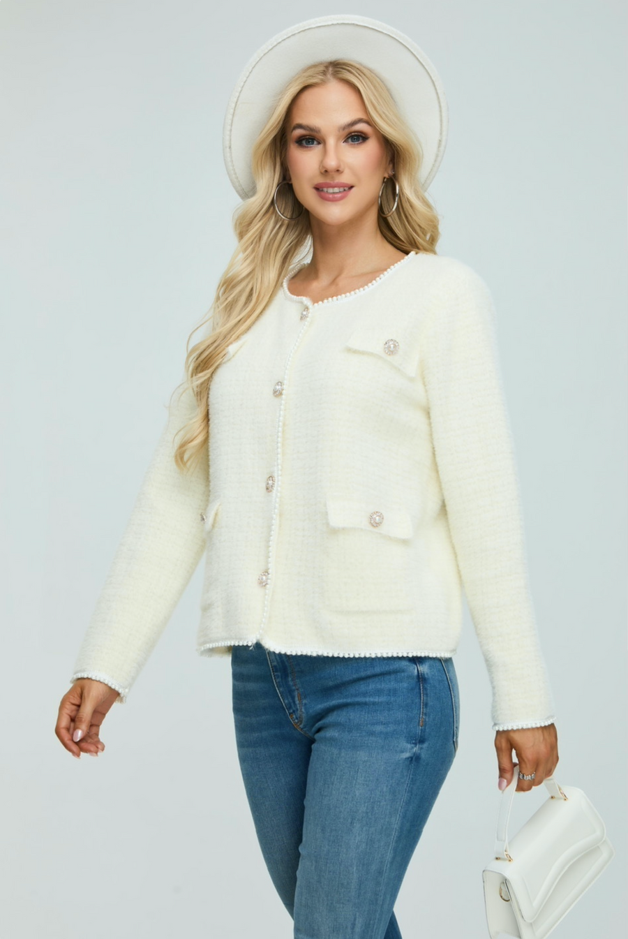 Soft Fluffy Jacket With Pearls Edging