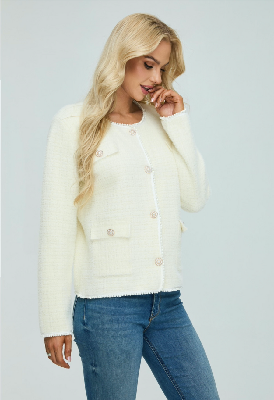 Soft Fluffy Jacket With Pearls Edging