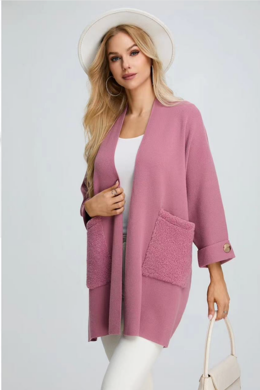 Heavy Knit Open Front Coat With Decorative Sleeve Button And Faux Fur Pockets