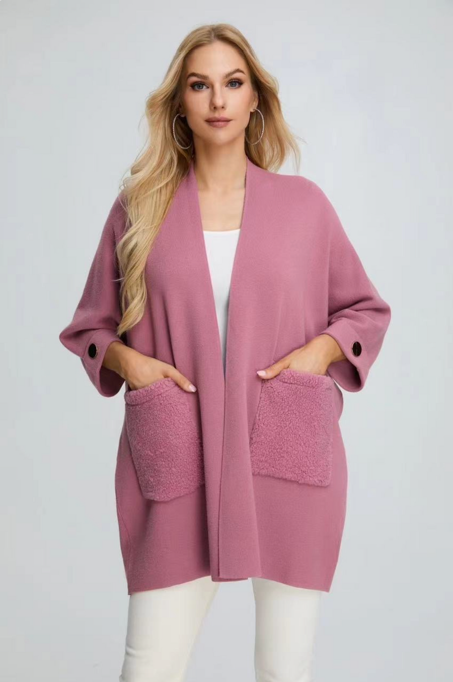 Heavy Knit Open Front Coat With Decorative Sleeve Button And Faux Fur Pockets