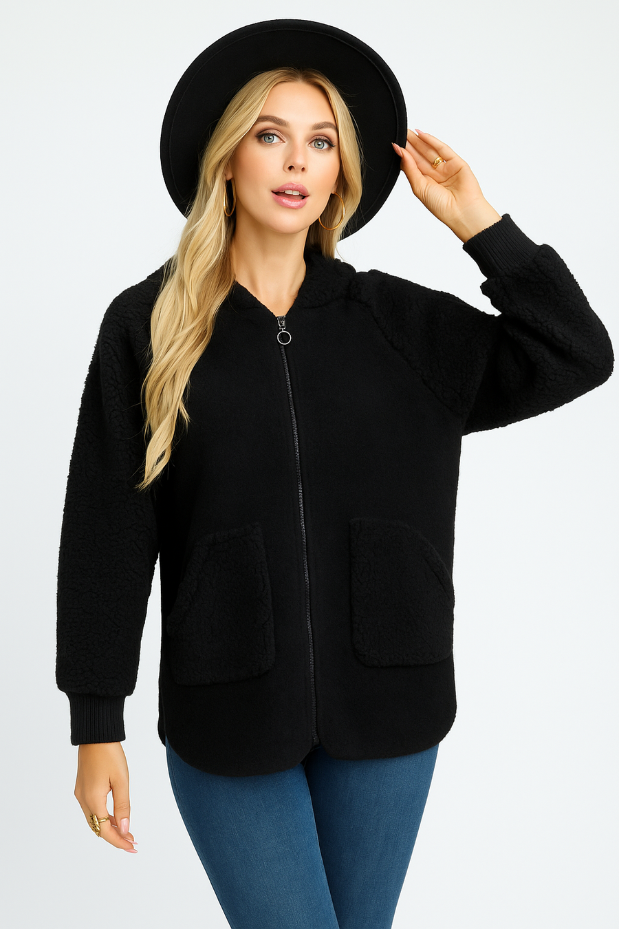 Soft Hooded Teddy Jacket With Front Pockets And Zip Fastening