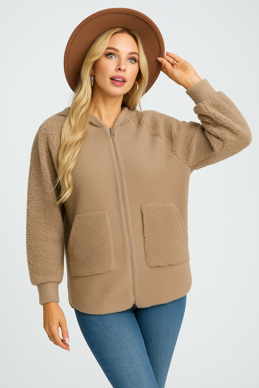 Soft Hooded Teddy Jacket With Front Pockets And Zip Fastening