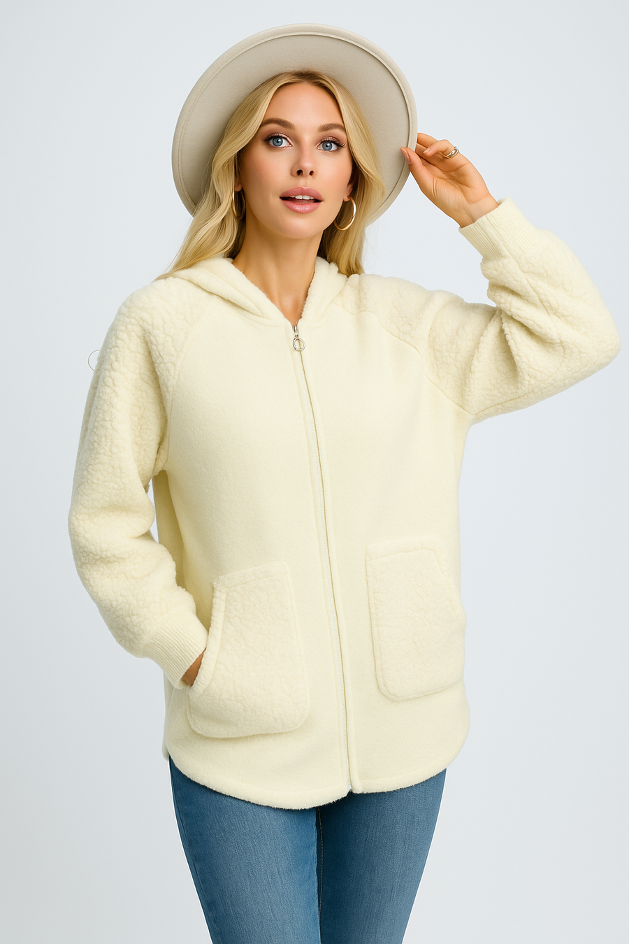 Soft Hooded Teddy Jacket With Front Pockets And Zip Fastening