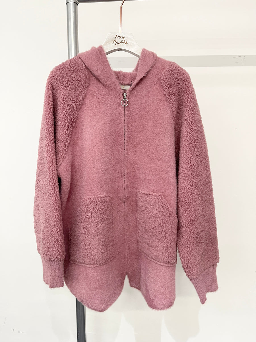 Soft Hooded Teddy Jacket With Front Pockets And Zip Fastening