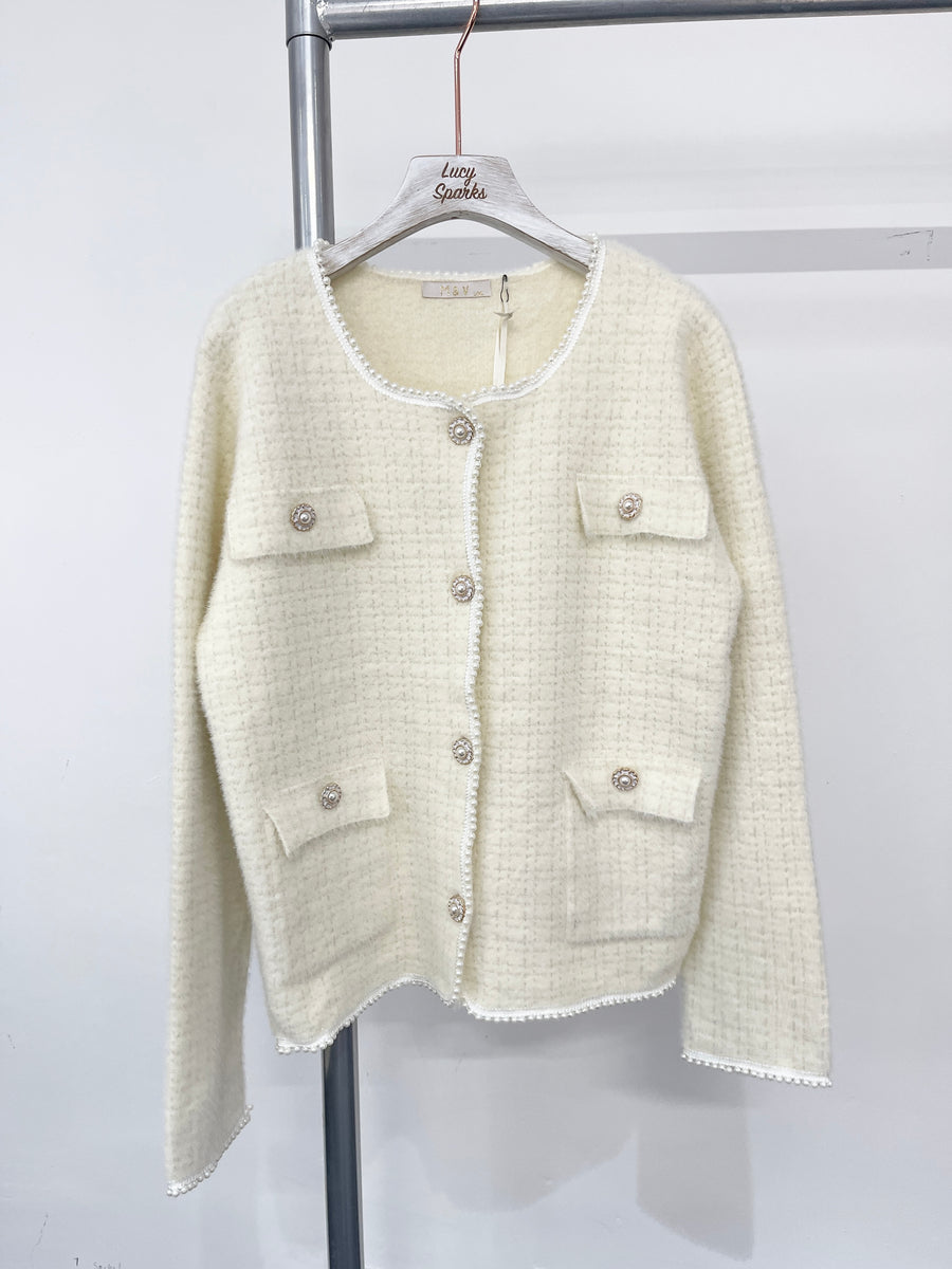 Soft Fluffy Jacket With Pearls Edging