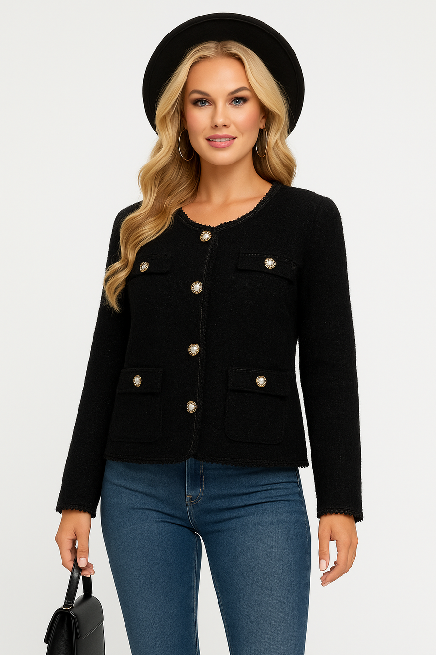 Soft Fluffy Jacket With Pearls Edging