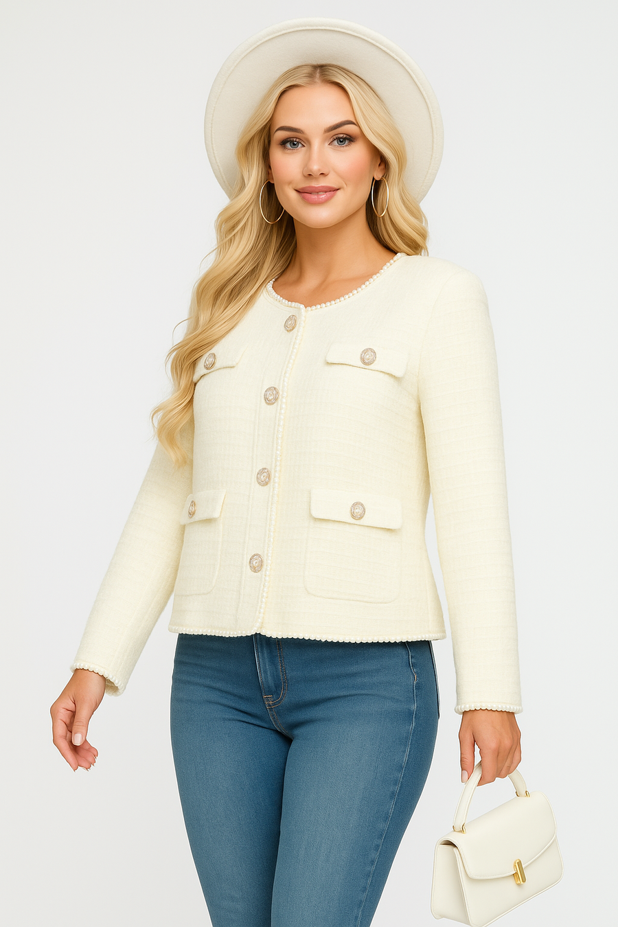 Soft Fluffy Jacket With Pearls Edging