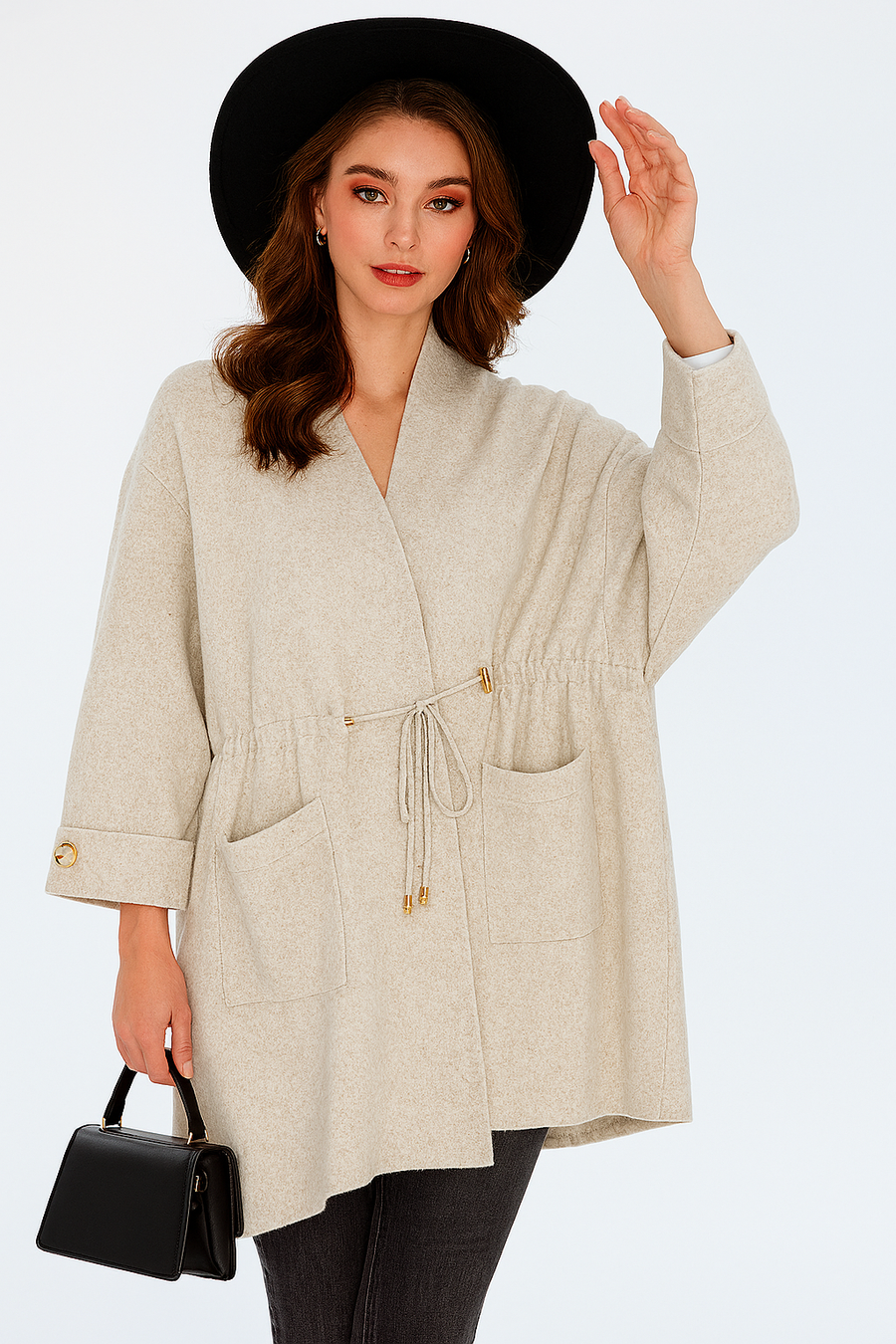 SOFT KNIT CARDIGAN WITH RUCHED PULL DRAWSTRING TIE UP, POCKETS AND DECORATIVE BUTTONS ON SLEEVES