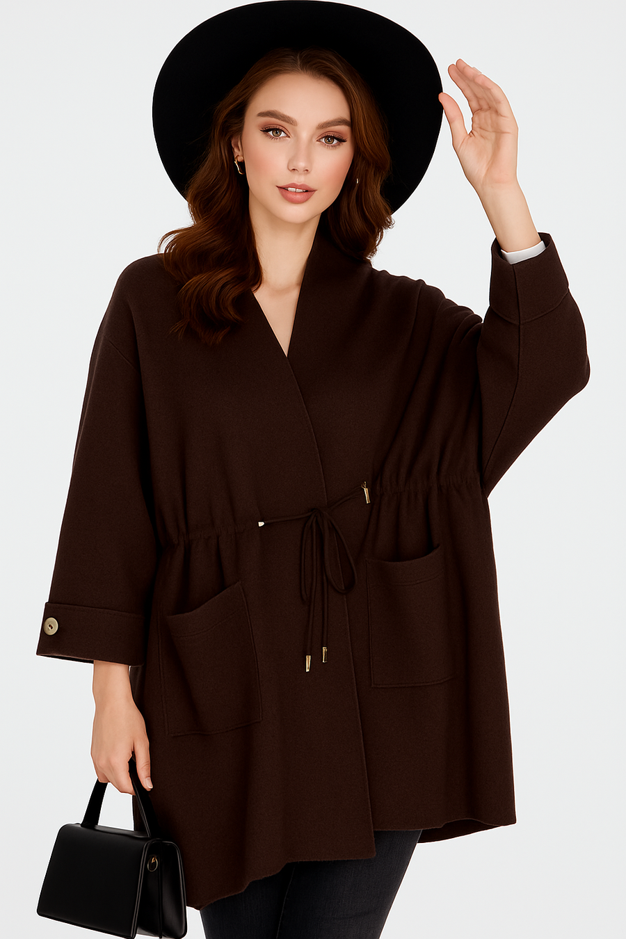 SOFT KNIT CARDIGAN WITH RUCHED PULL DRAWSTRING TIE UP, POCKETS AND DECORATIVE BUTTONS ON SLEEVES