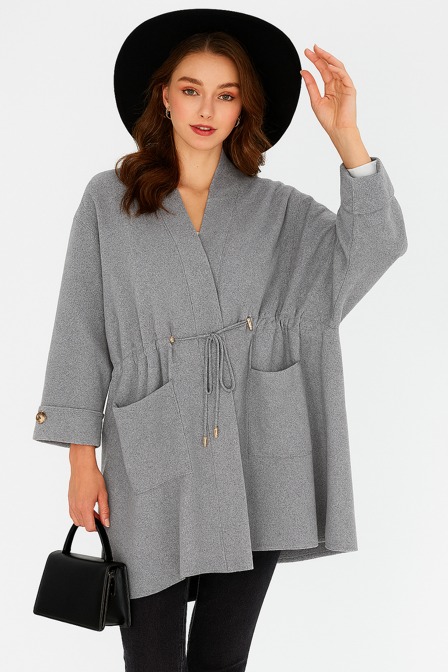SOFT KNIT CARDIGAN WITH RUCHED PULL DRAWSTRING TIE UP, POCKETS AND DECORATIVE BUTTONS ON SLEEVES