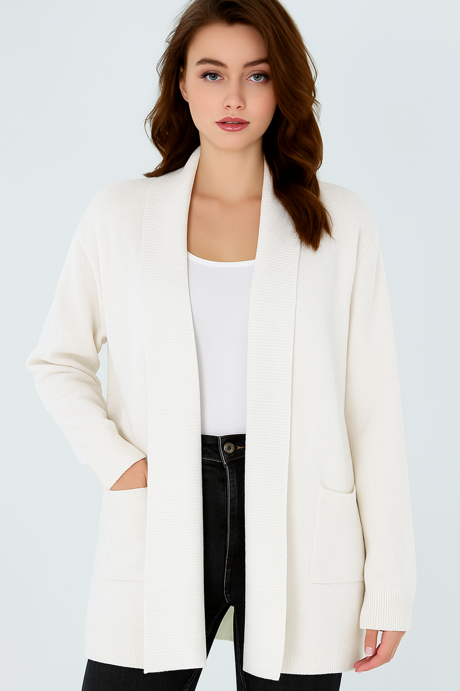 SOFT KNIT RIBBED LAEP CARDIGAN WITH POCKETS
