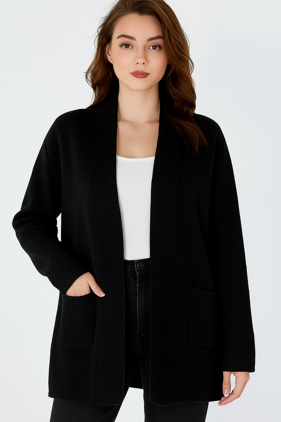 SOFT KNIT RIBBED LAEP CARDIGAN WITH POCKETS