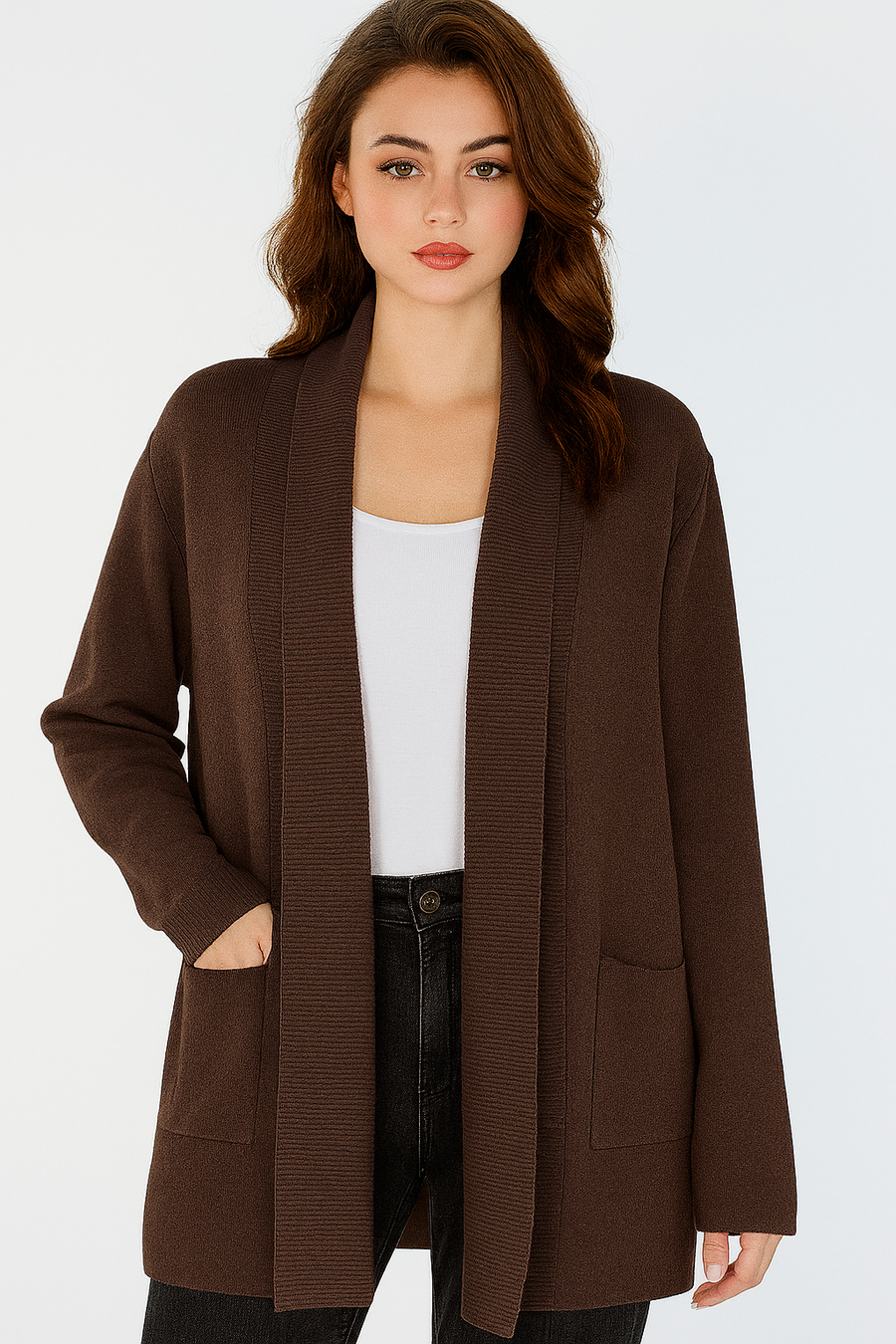 SOFT KNIT RIBBED LAEP CARDIGAN WITH POCKETS