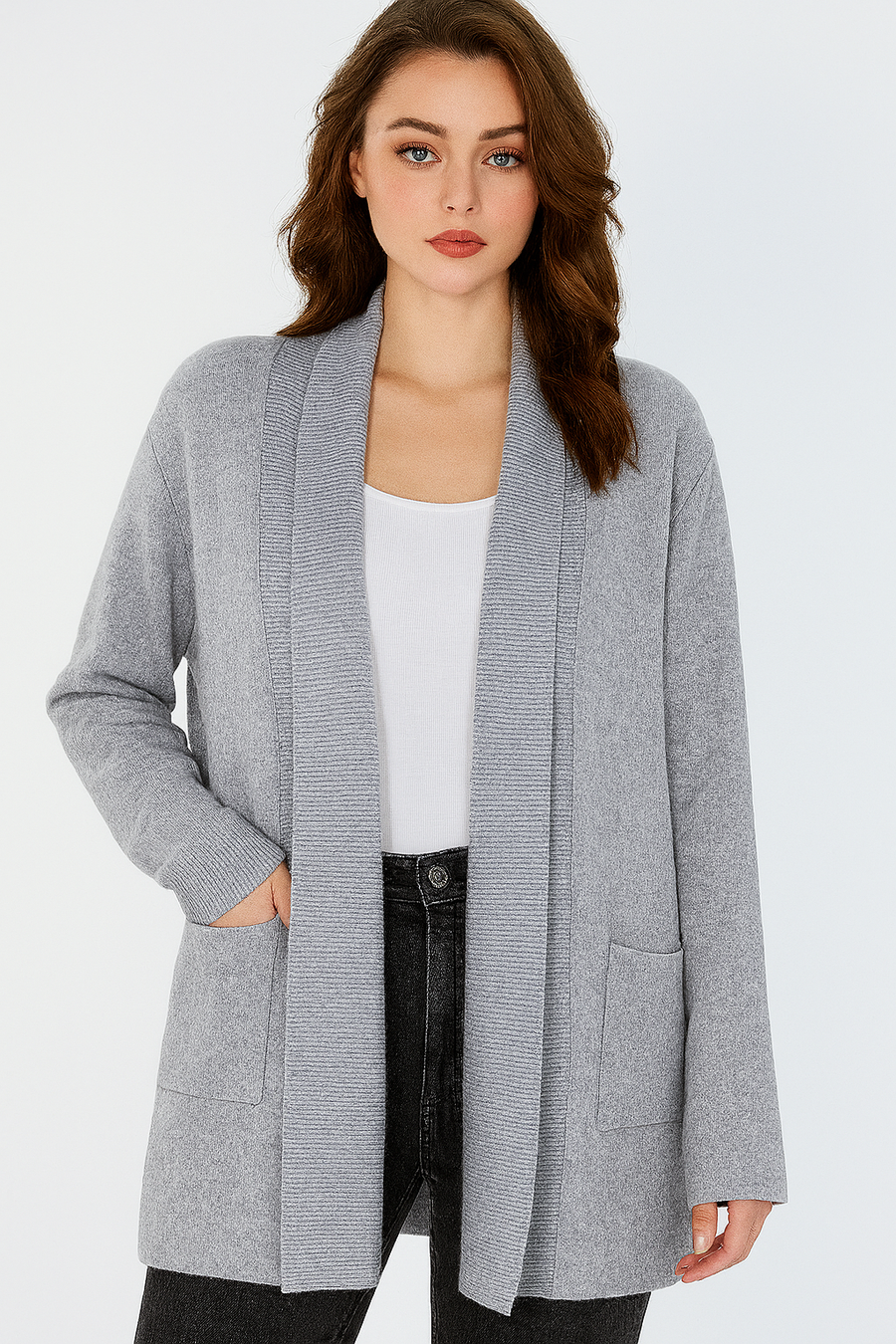 SOFT KNIT RIBBED LAEP CARDIGAN WITH POCKETS