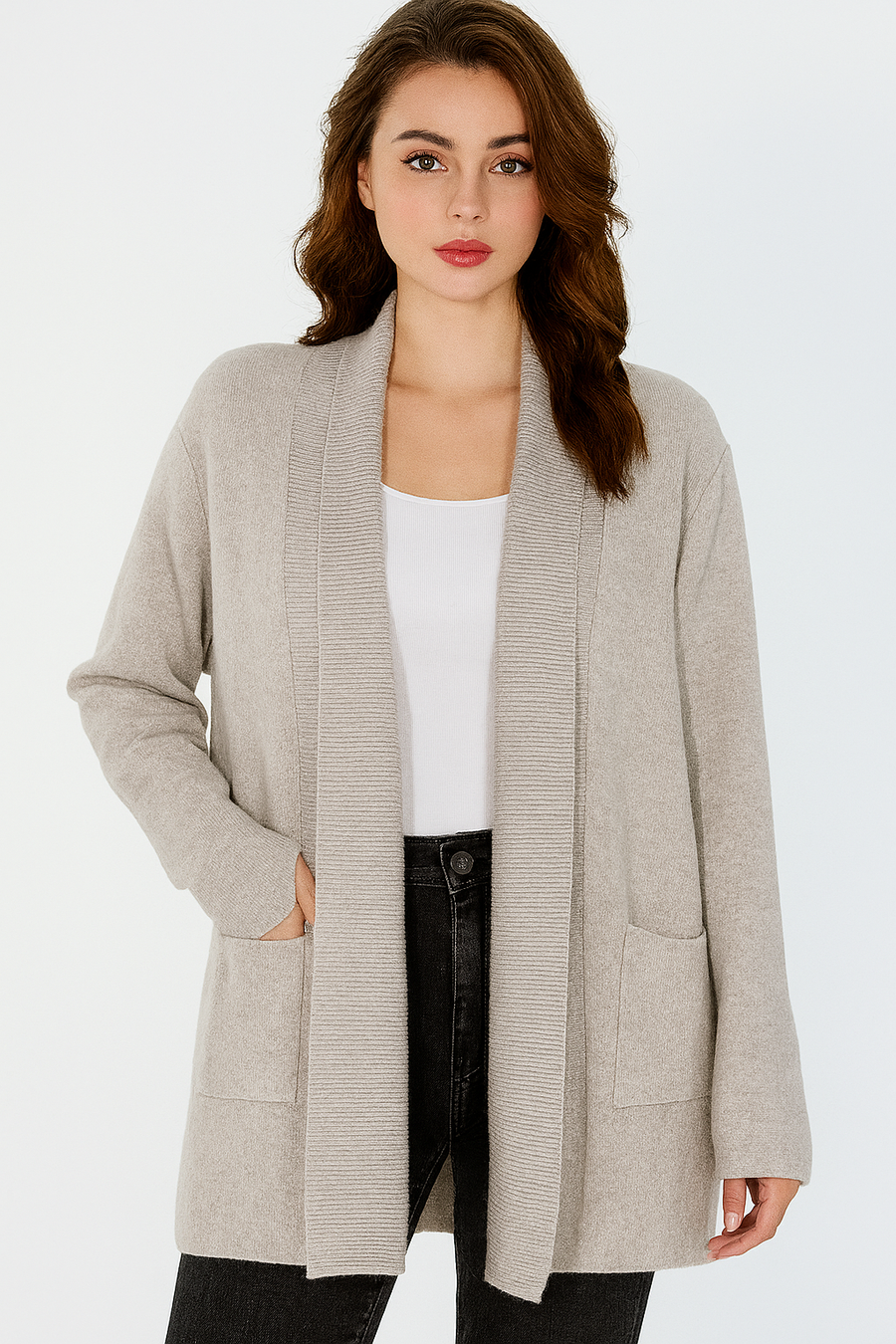 SOFT KNIT RIBBED LAEP CARDIGAN WITH POCKETS