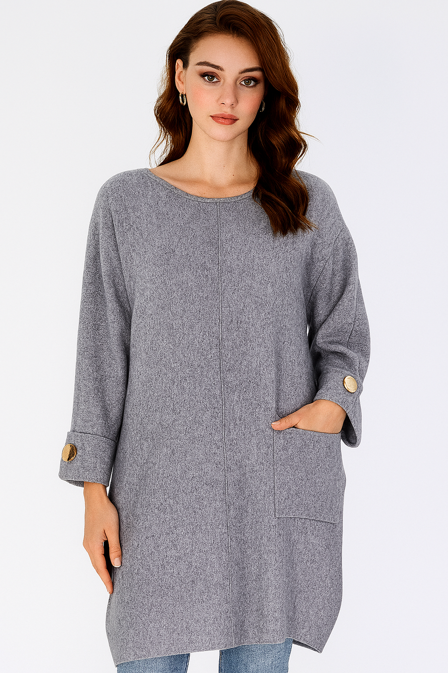 OVERSIZED SOFT KNIT JUMPER DRESS WITH DECORATIVE BUTTON AND POCKET