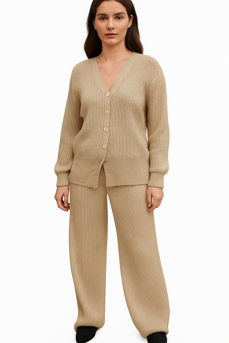 KNITTED BUTTON UP CARDIGAN MATCHED WITH MATCHING COLOUR PANTS