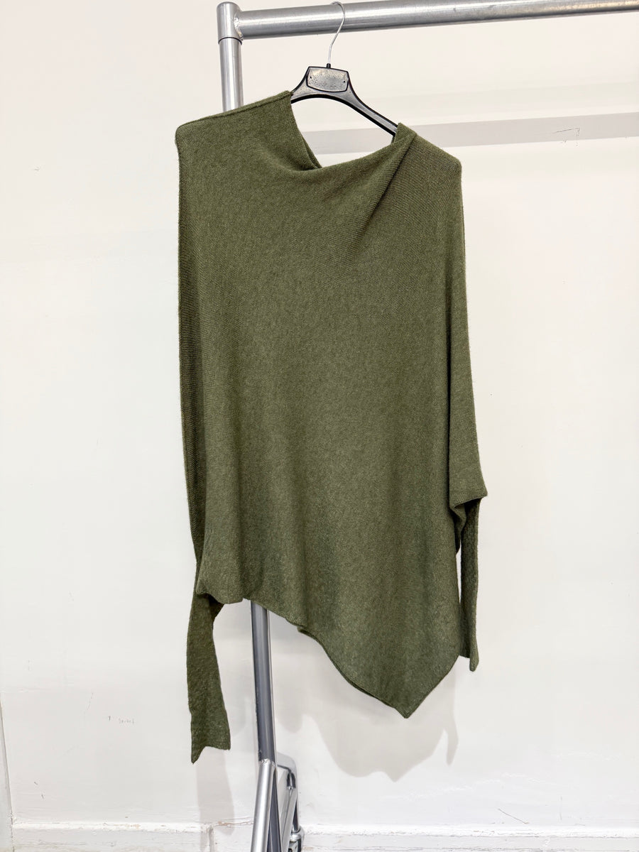 Seamless Asymmetric Cowl Neck Soft Knit Jumper With Fitted Sleeves. Made In Italy.