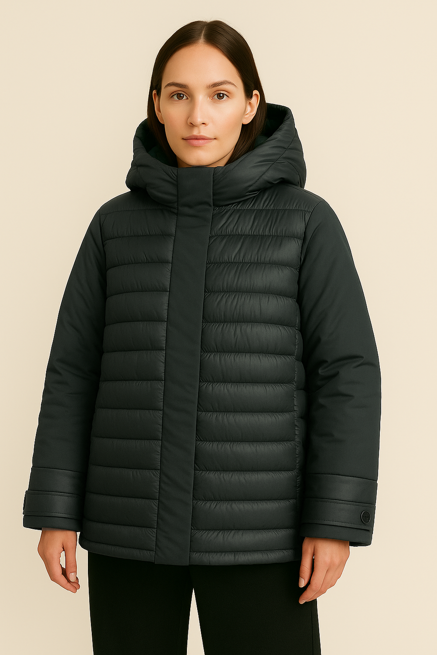Water Resistant Hooded Puffer Jacket With Concealed Zipper Fastening And Invisible Zipper Pockets