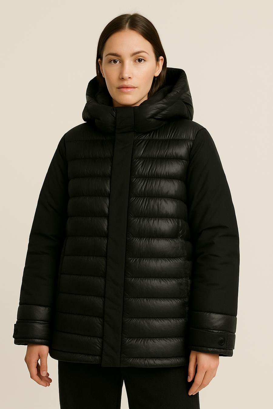 Water Resistant Hooded Puffer Jacket With Concealed Zipper Fastening And Invisible Zipper Pockets