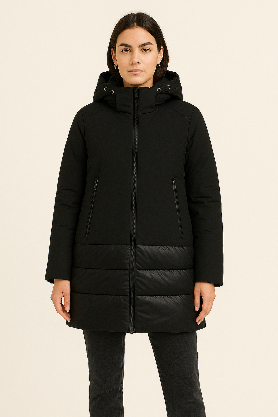 Water Resistant Puffer Jacket With Hood, Zipper Fastening and Zip Pockets
