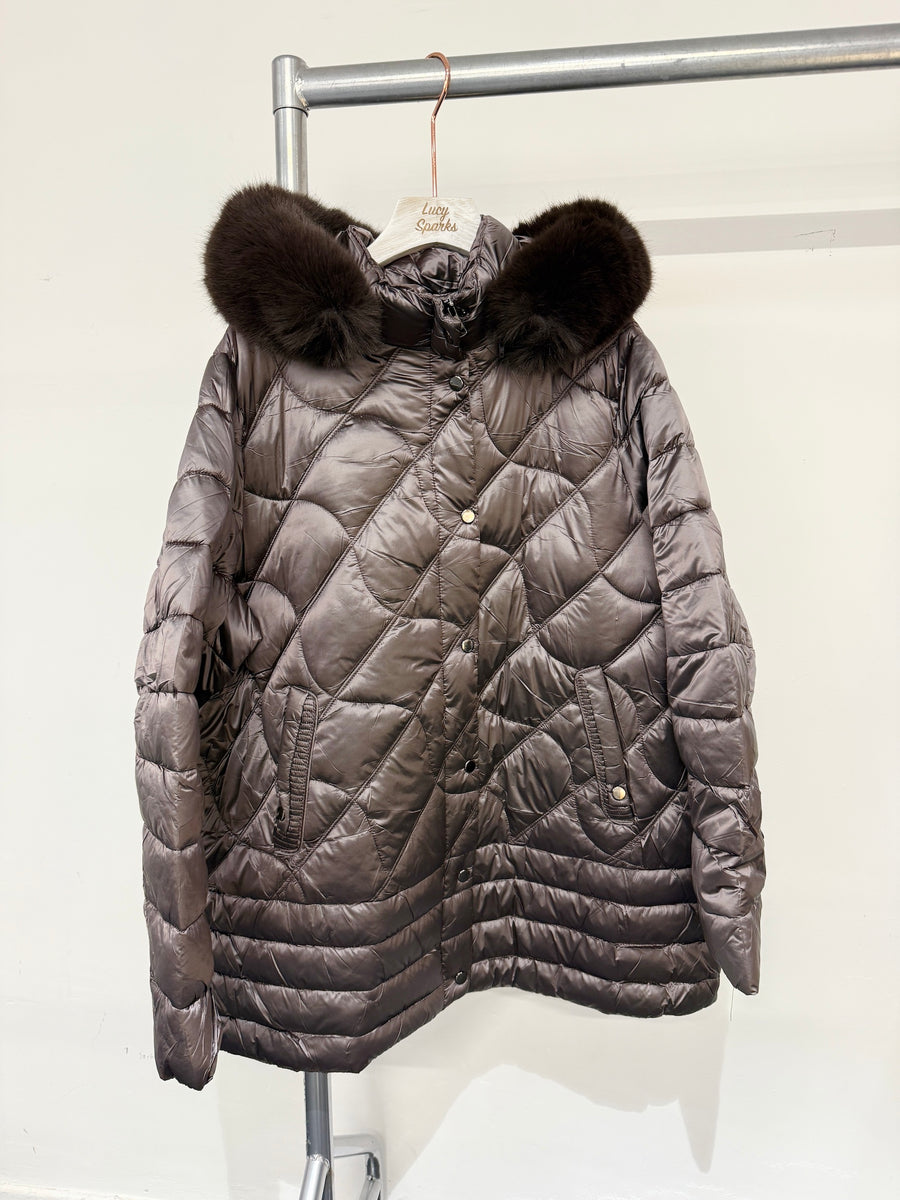 Padded Puffy Quilt Jacket With Soft Faux Fur On Hood, Zip And Button Fastening And Side Pockets