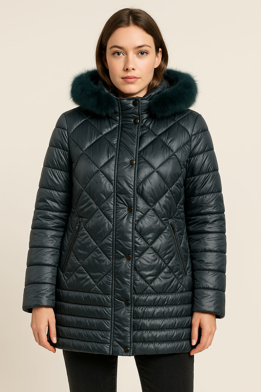 Padded Puffy Quilt Jacket With Soft Faux Fur On Hood, Zip And Button Fastening And Side Pockets