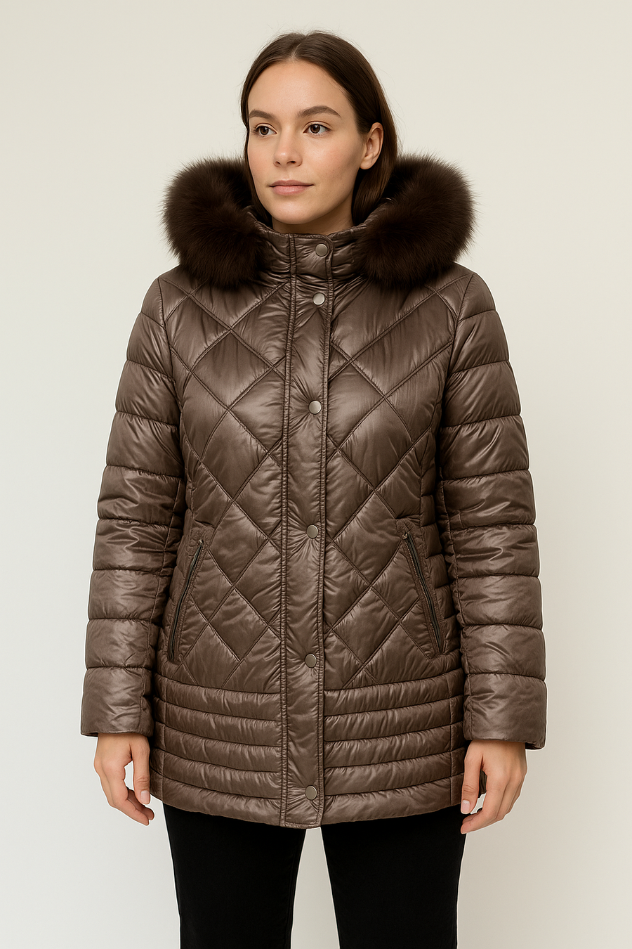 Padded Puffy Quilt Jacket With Soft Faux Fur On Hood, Zip And Button Fastening And Side Pockets