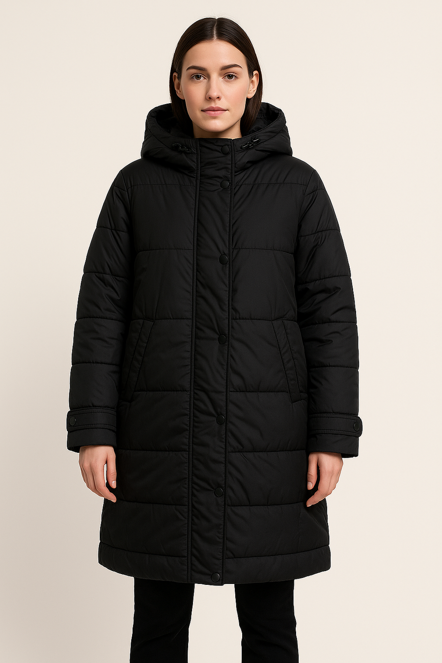 3/4 Length Hooded Puffer Jacket With Concealed Zipper Fastening And Side Pockets