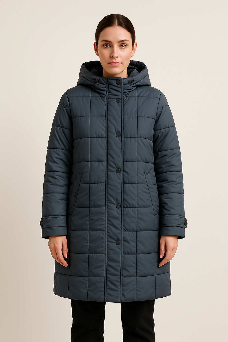 3/4 Length Hooded Puffer Jacket With Concealed Zipper Fastening And Side Pockets