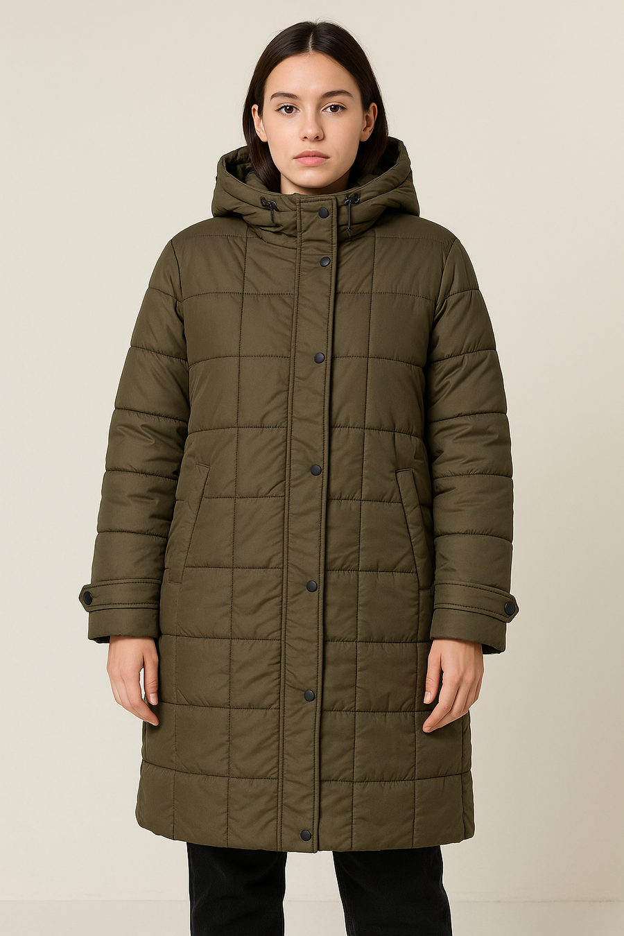 3/4 Length Hooded Puffer Jacket With Concealed Zipper Fastening And Side Pockets