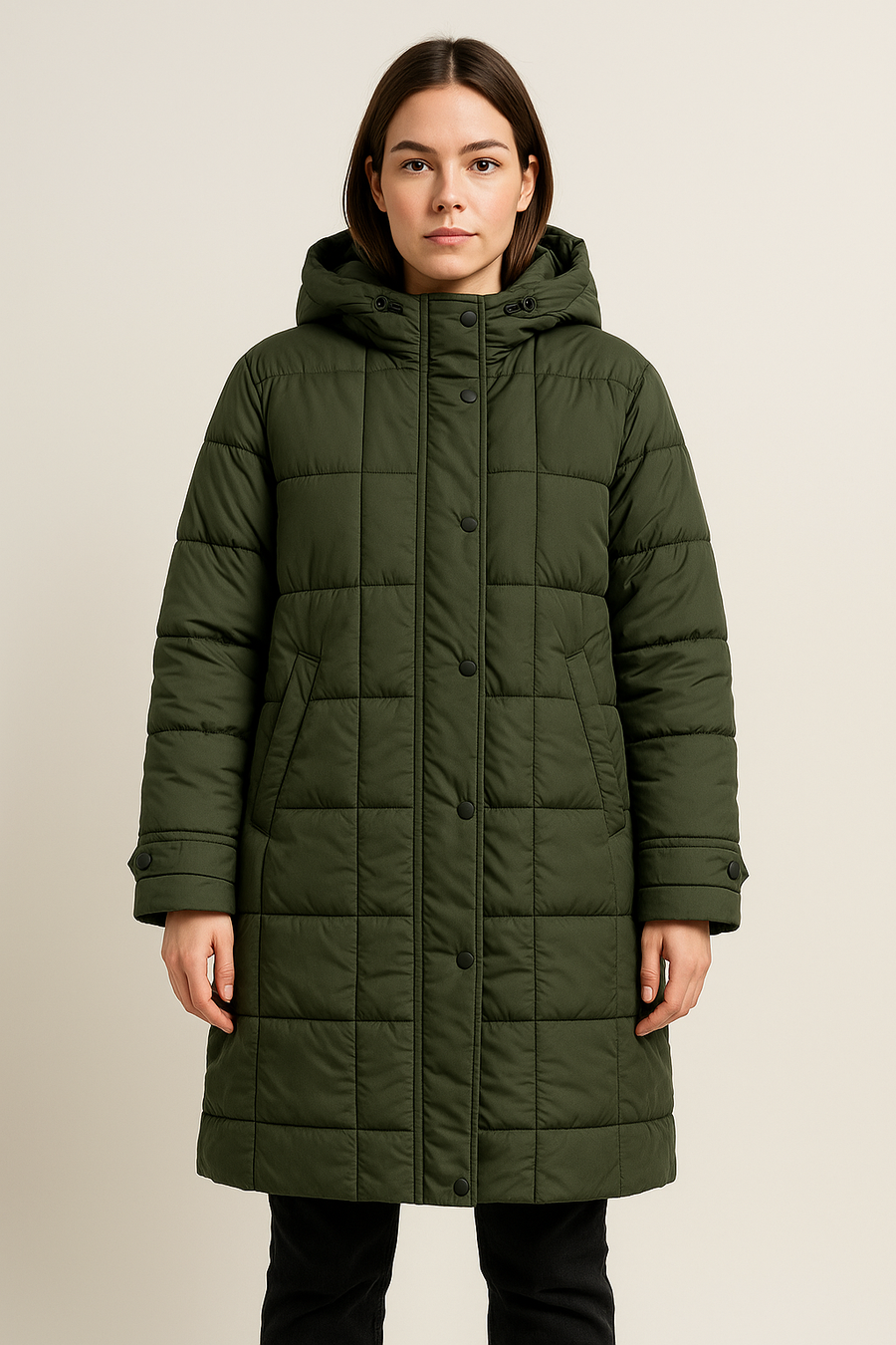 3/4 Length Hooded Puffer Jacket With Concealed Zipper Fastening And Side Pockets